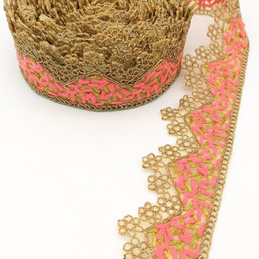 Gold Sheer Tissue Fabric Cutwork Trim with Embroidery in Gold and Salmon Pink, Scallop Trim, Fringe Trim